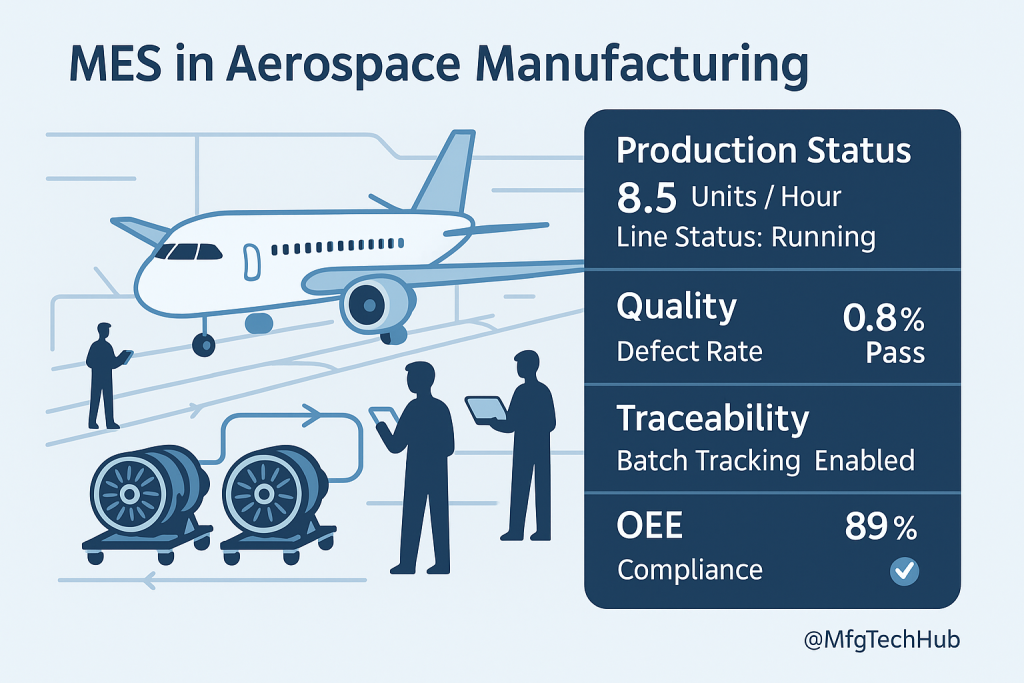 MES Applications: Automotive, Aerospace, Electronics 2 Infographic showing MES in aerospace manufacturing with an airplane assembly line, dashboards, engine modules, and workers monitoring production and quality metrics.