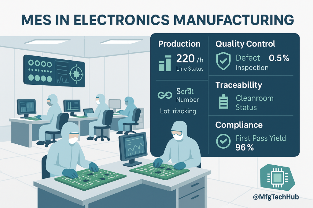 MES Applications: Automotive, Aerospace, Electronics 3 Infographic showing MES in electronics manufacturing, with cleanroom assembly of circuit boards and dashboards for production and compliance metrics.
