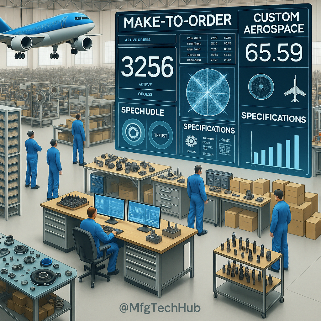 MES Applications: Make-to-Order and Make-to-Stock 1 Digital infographic showing MES (Manufacturing Execution System) applications in the aerospace industry with engineers monitoring aircraft production and compliance dashboards