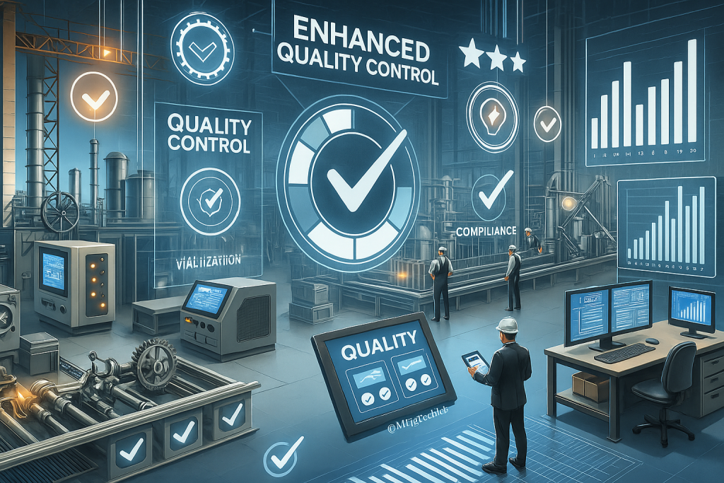 MES Advantages: Enhanced Quality Control and Compliance 1 A futuristic factory floor showing MES-based quality control systems with real-time dashboards, automated inspections, and digital compliance tracking.