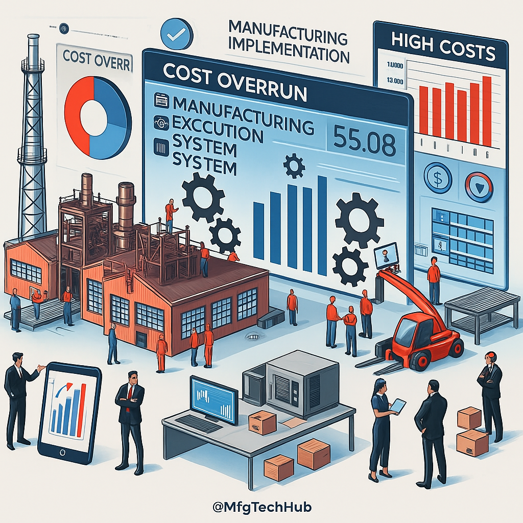 Infographic showing cost analysis and implementation stages of a Manufacturing Execution System (MES) with factory elements and team discussions