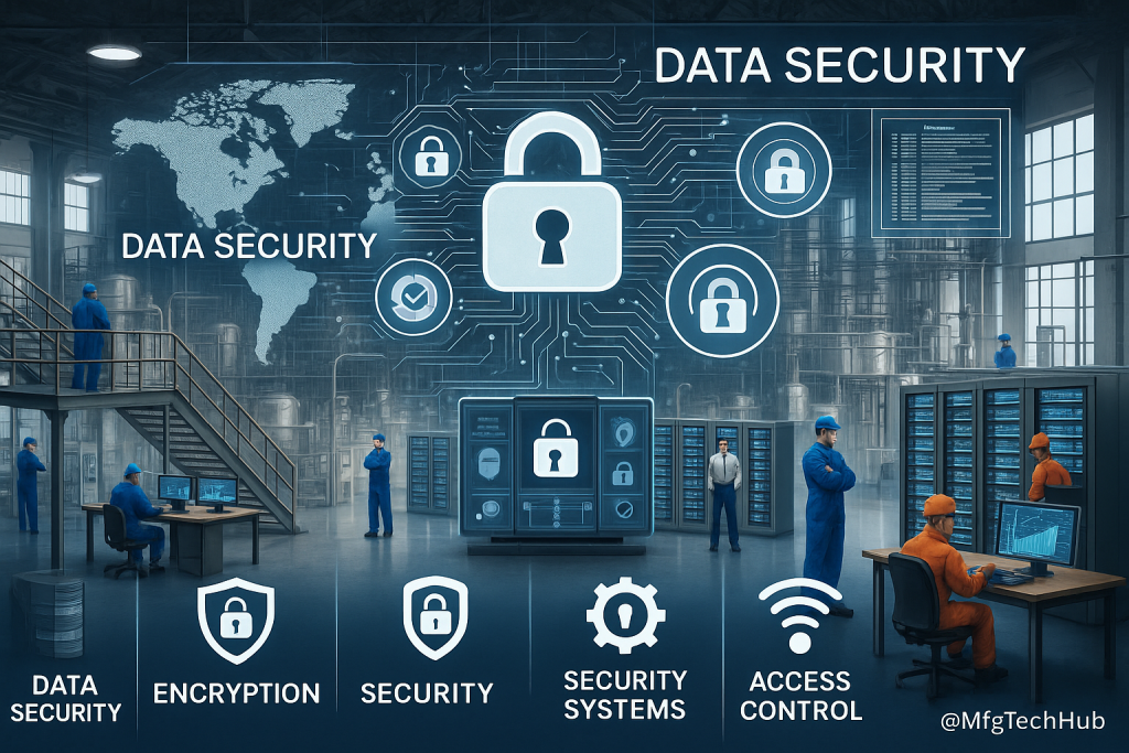 MES Challenges and Considerations: Data Management and Security 1 A infographic illustrating data security in a smart manufacturing facility with engineers and secure servers