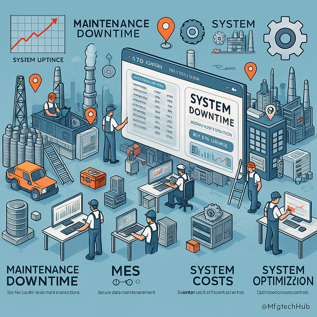 MES Challenges and Considerations: Maintenance and Upgrades 1 Infographic showing MES system monitoring maintenance downtime, costs, and efficiency in an industrial environment