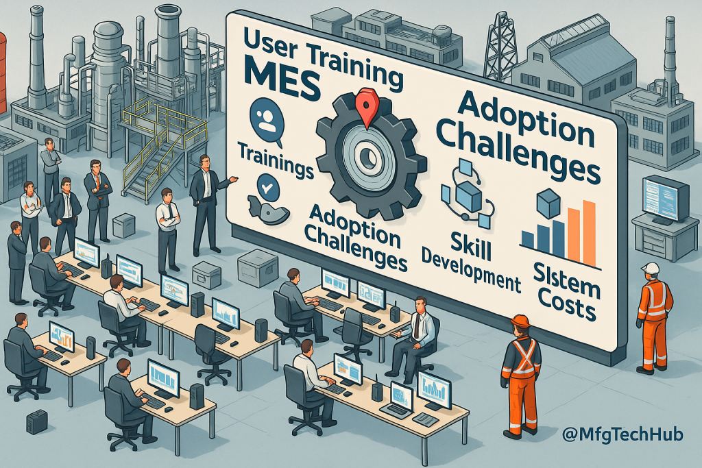 MES Challenges and Considerations: User Training and Adoption 1 Digital illustration showing MES adoption challenges, user training, and skill development in a factory setting