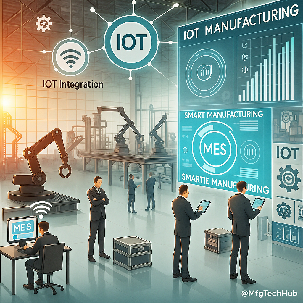 MES Technology Future Trends: IoT and Smart Manufacturing 1 A smart manufacturing infographic showing IoT integration and MES in a connected factory environment