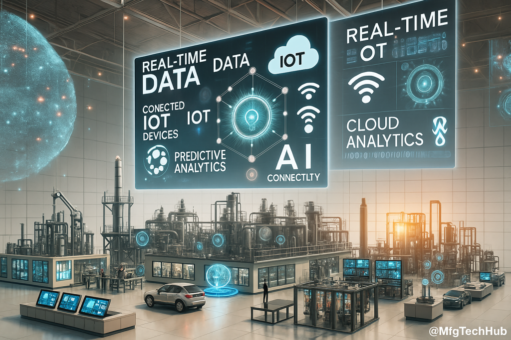 The illustration showing a smart factory with real-time data dashboards, IoT connectivity, cloud analytics, and predictive analytics features
