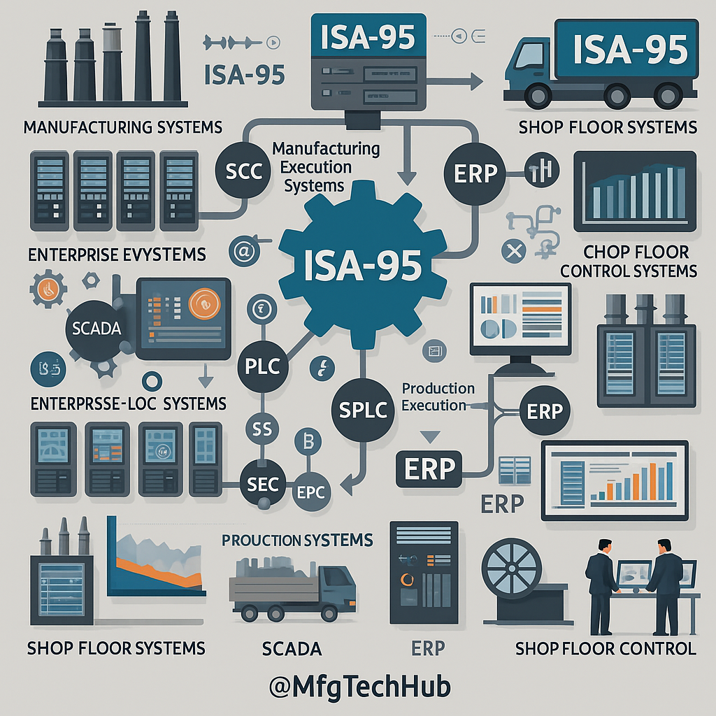 A detailed ISA-95 infographic illustrating the integration of MES, SCADA, ERP, PLC, and shop floor systems in a layered industrial automation architecture.