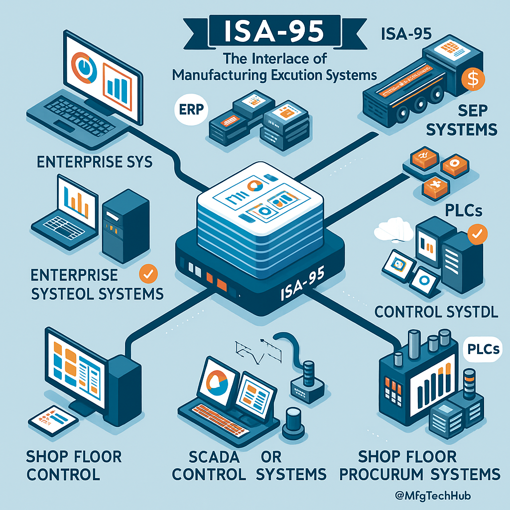 ISA-95 infographic illustrating the integration of Manufacturing Execution Systems (MES) with ERP, PLC, SCADA, and shop floor control systems.
