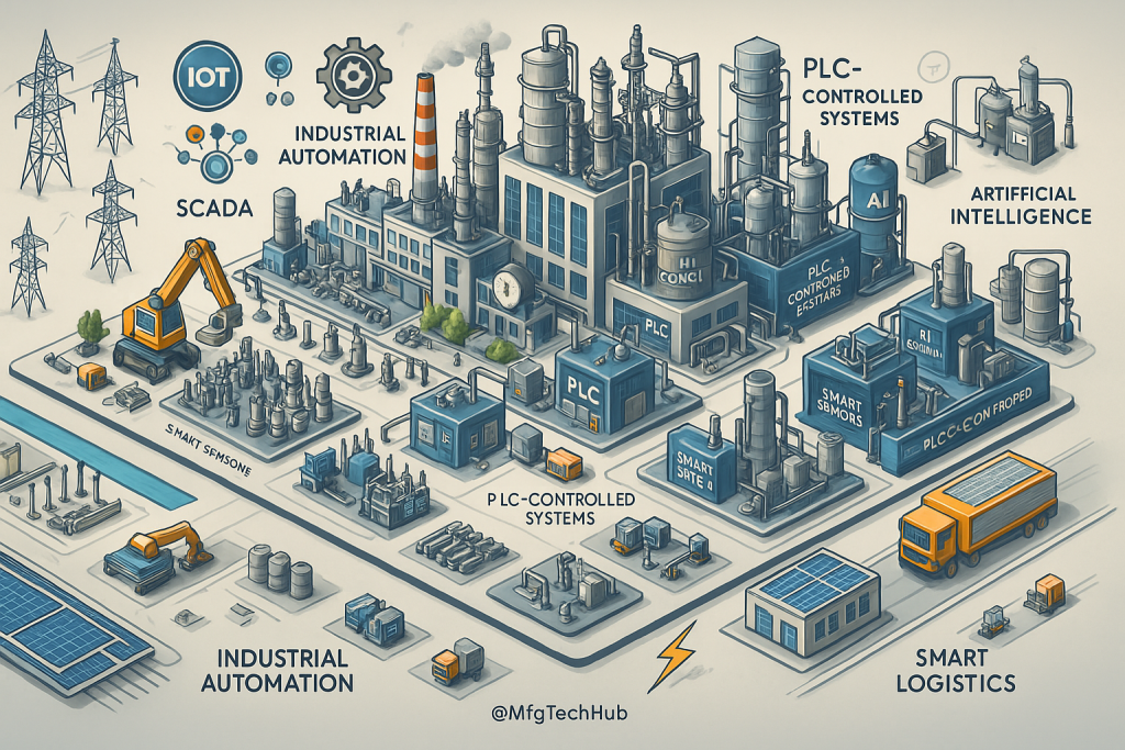 Industrial automation landscape showing smart factories, PLC-controlled systems, IIoT integration, energy management, robotic assembly lines, AI integration, and smart logistics.