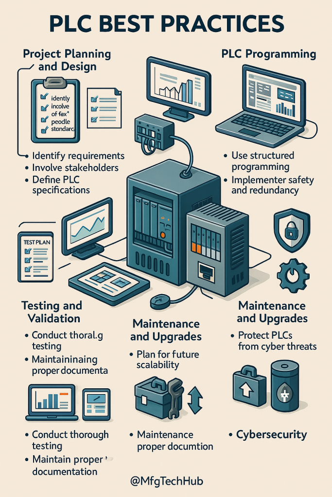 PLC Project Best Practices 1 PLC Best Practices Infographic – Project Planning, Programming, Testing, Maintenance, and Cybersecurity