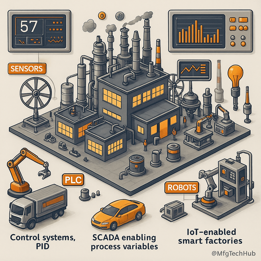 Industrial factory illustrating PLC automation systems, sensors, robots, trucks, and control panels
