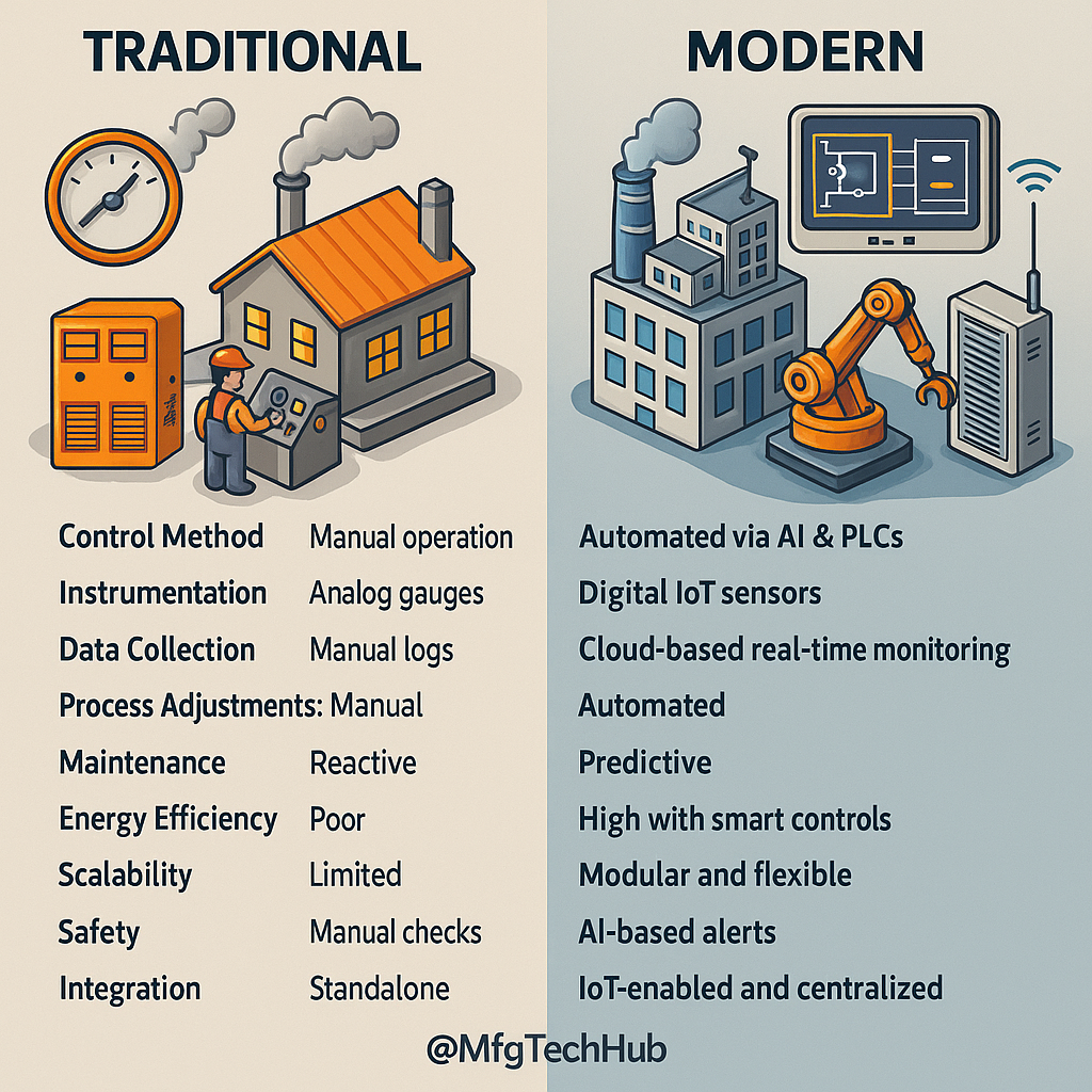 Comparison of Traditional vs. Modern Industrial Systems – 3D-style infographic showing manual operations vs. automated, IoT-enabled smart factories.
