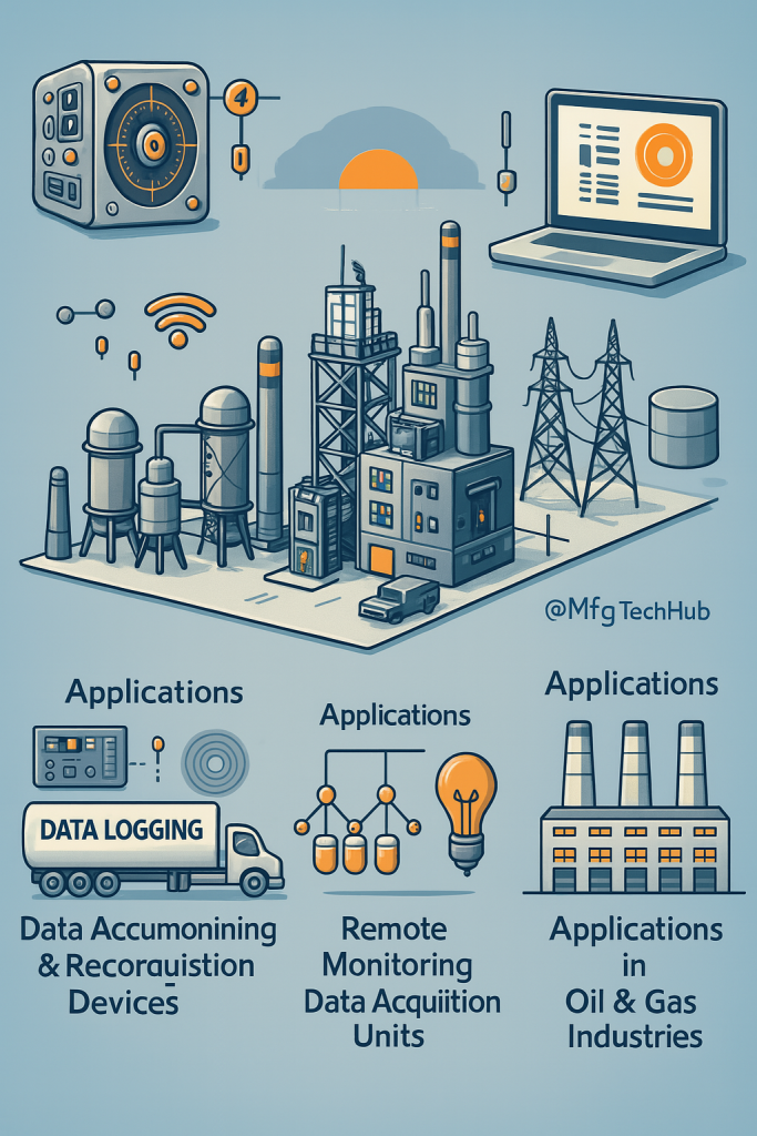 3D-style isometric infographic illustrating industrial data acquisition, cloud storage, remote monitoring, and applications in oil and gas industries.