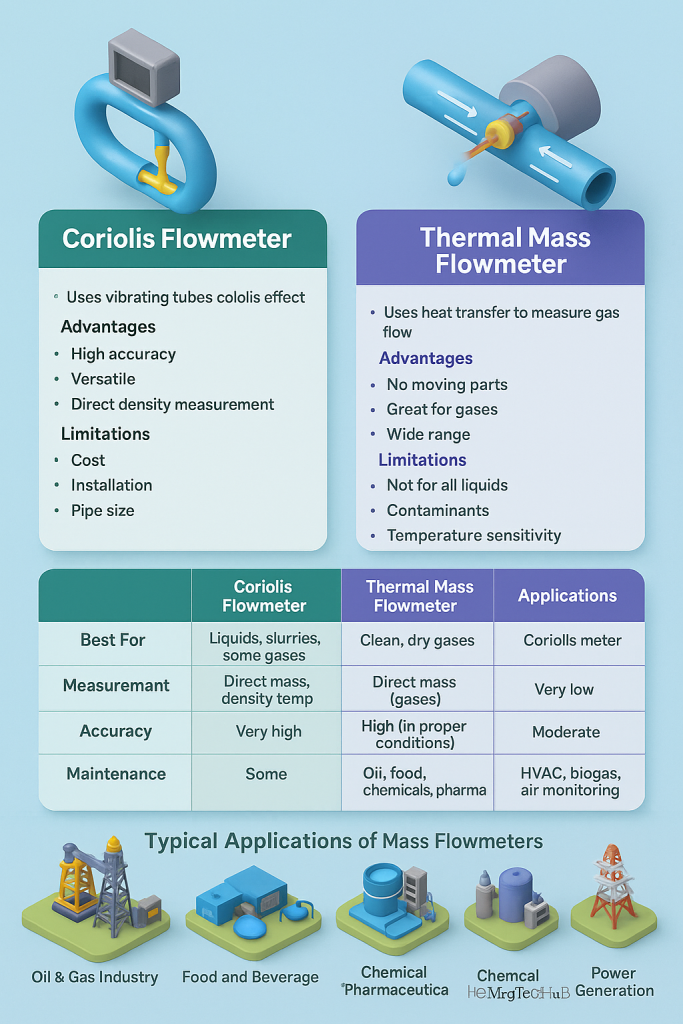comparing Coriolis and Thermal Mass Flowmeters, with their advantages, limitations, and typical industrial applications such as oil & gas, food and beverage, chemical, and power generation.