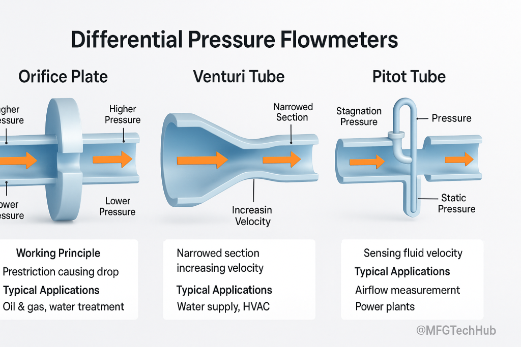 Infographic comparing Orifice Plate, Venturi Tube, and Pitot Tube differential pressure flowmeters, showing their working principles and typical applications in industrial flow measurement.