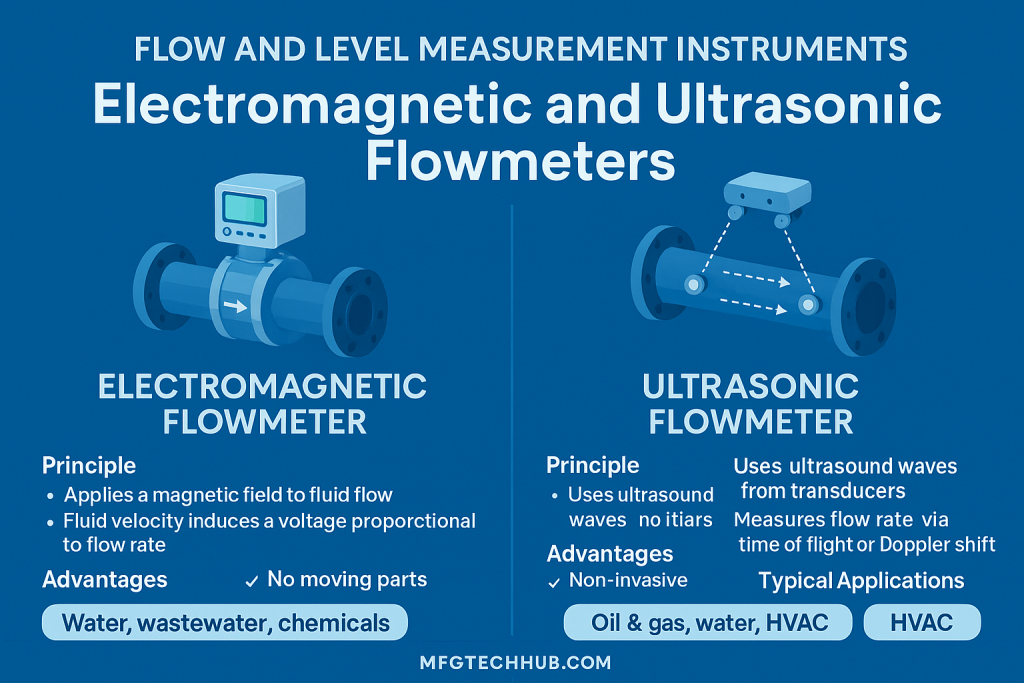 Infographic comparing Electromagnetic and Ultrasonic flowmeters, showing principles, advantages, and typical applications in water, wastewater, chemical, HVAC, and oil & gas industries.