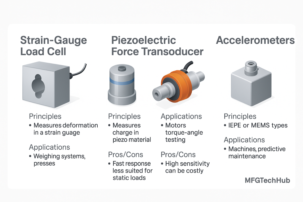 Infographic showing strain-gauge load cells, piezoelectric force transducers, torque sensors, and accelerometers with principles, applications, and pros/cons.